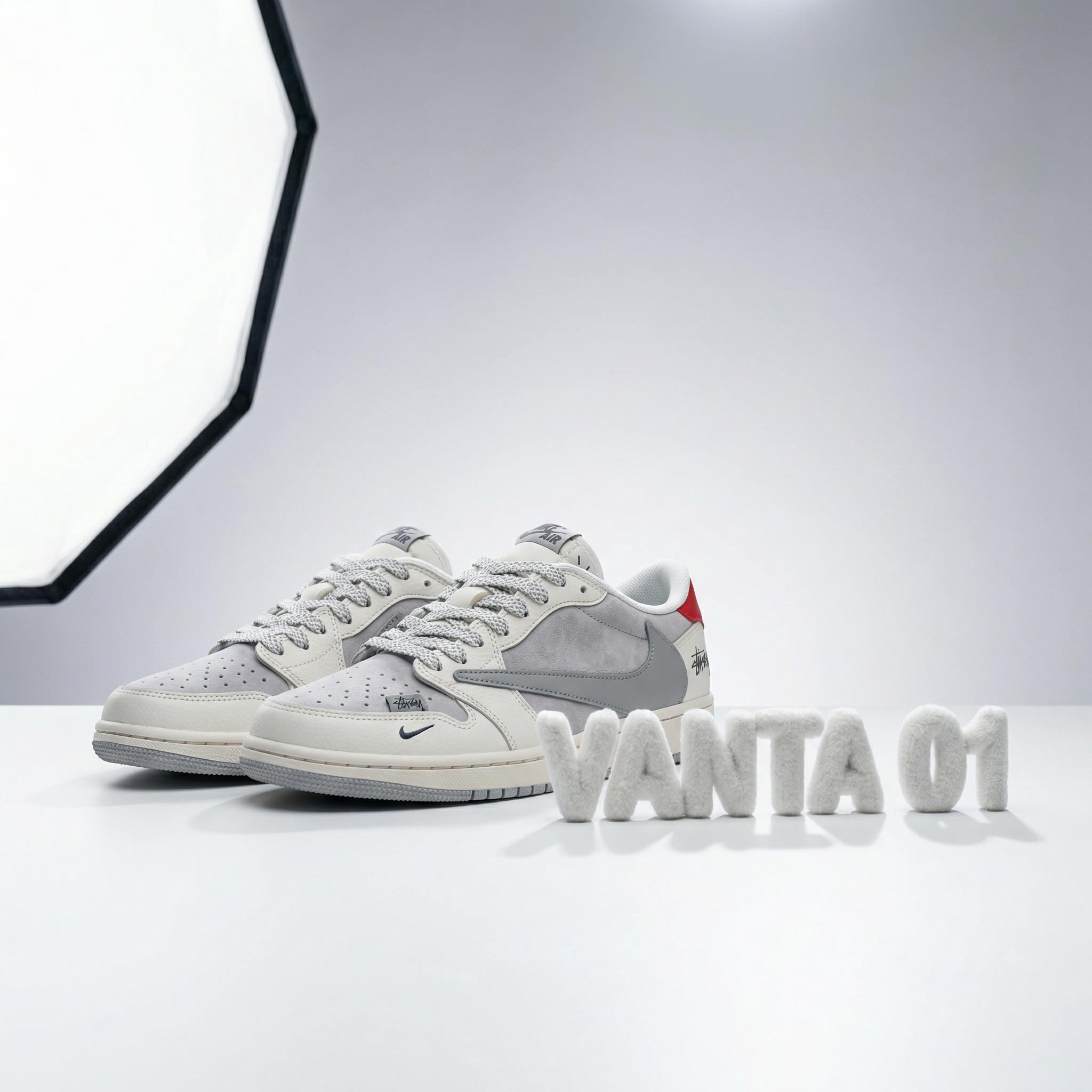 Travis Scott x Fragment Design x Air Jordan 1 Low White/Grey/Red - Image 2